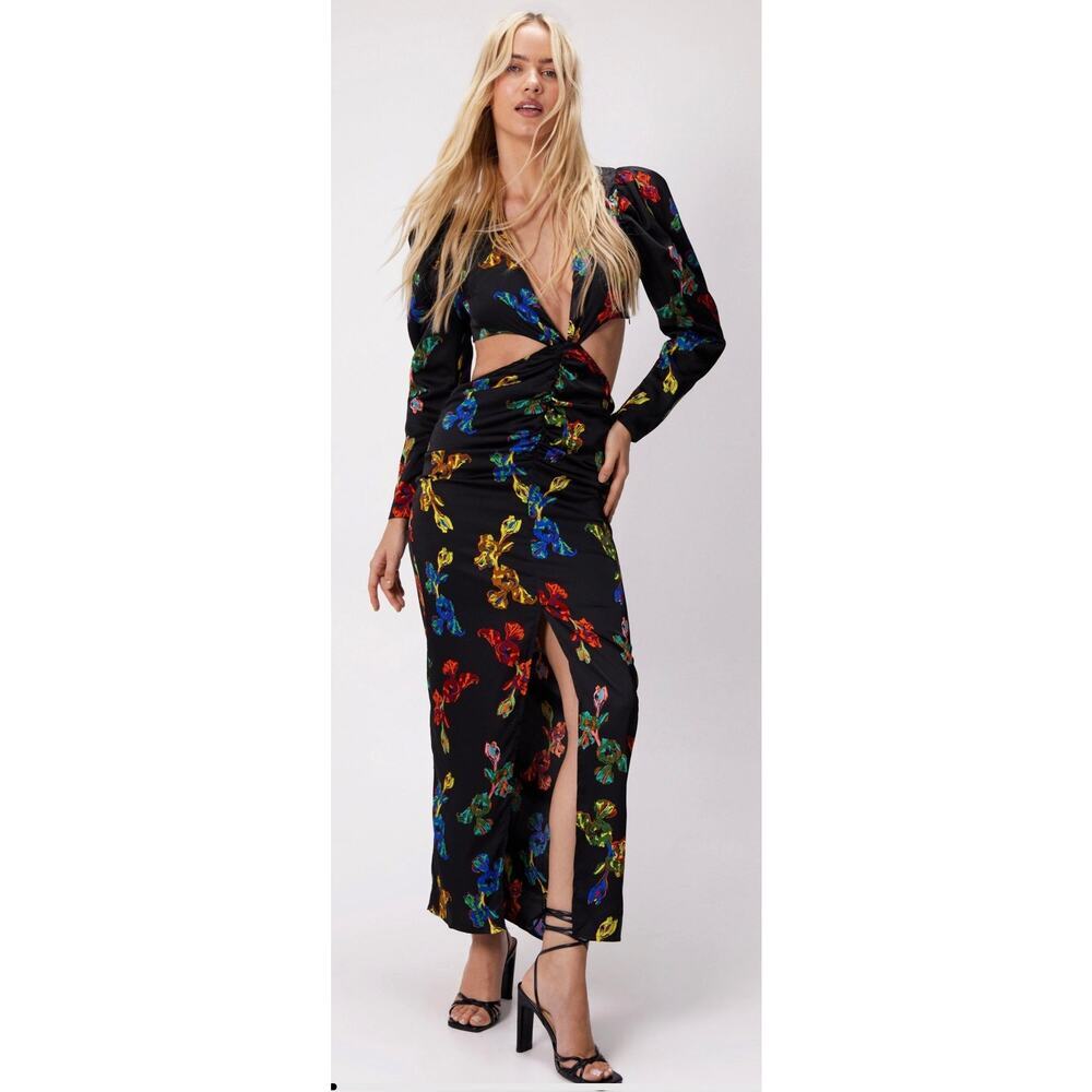 Nasty Gal Black Floral Cutout Midi Dress Size 4 Long Sleeve Ruched Slit - Picture 8 of 8